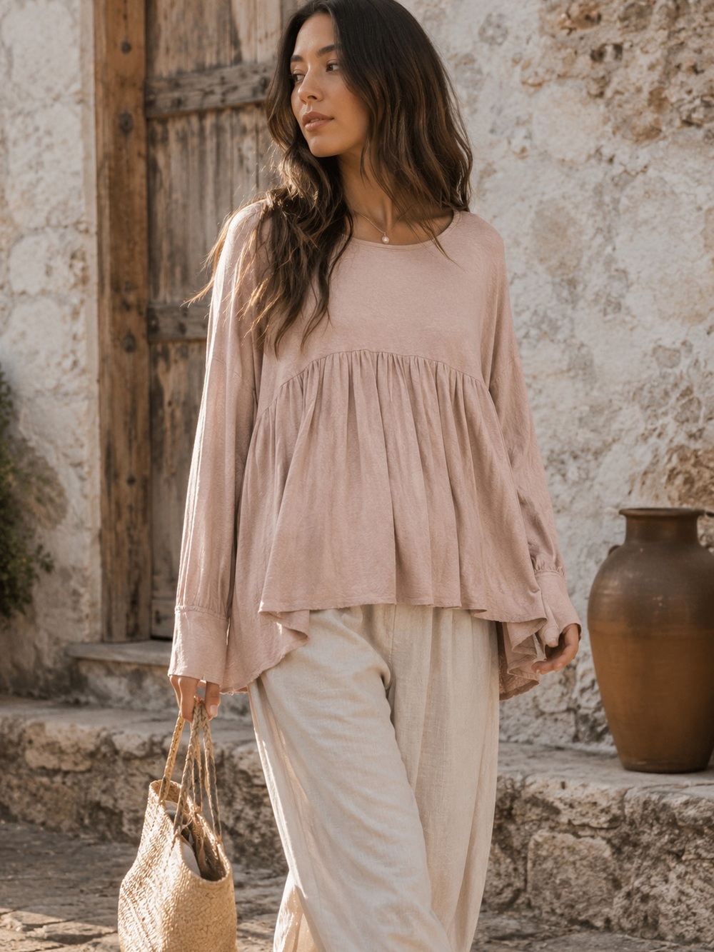 Blank Paige Peplum Top Blush Pink Medium Boho Lagenlook Cottagecore Relaxed Fit
